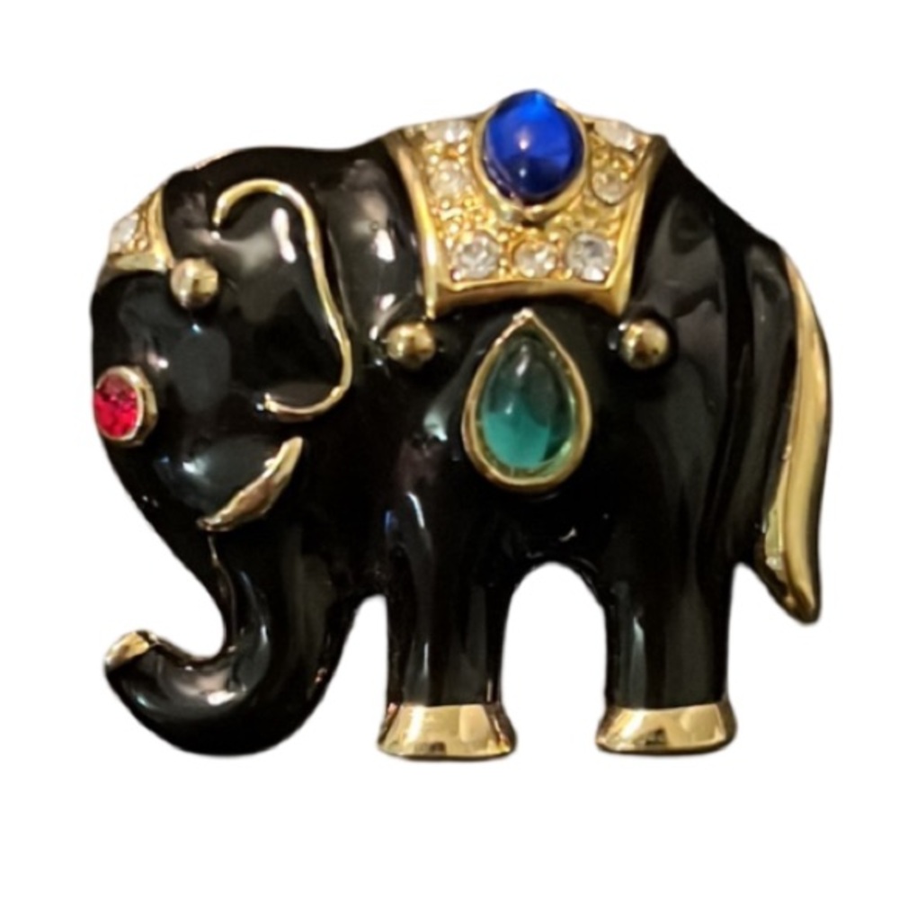 Vintage Whimsical Black Crystal Rhinestone Jeweled Cabochon Elephant Brooch
